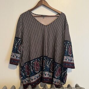 Ulla Popken Women's Beige Black Blue Red Print V Neck 3/4 Sleeve Tunic Top